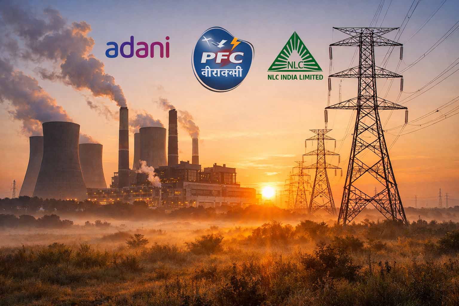 Power plant and transmission lines symbolizing Adani Power PFC NLC rise