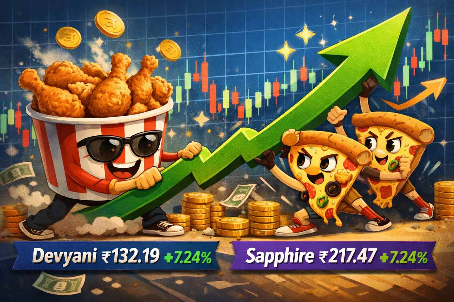 KFC and Pizza Hut visuals with both stocks up 7.24%.