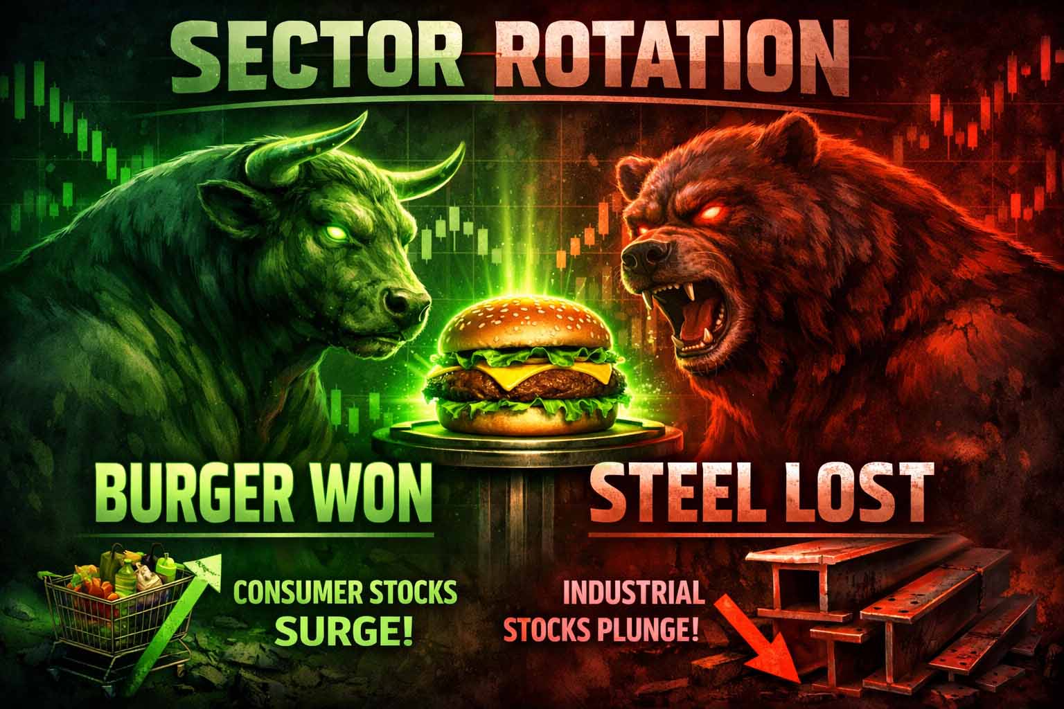 Burger and pizza theme lifting green stock candles with bull and bear in a dramatic market scene.