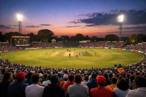 Harare Sports Club stadium filled with crowd during intense under 19 cricket match