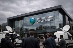 International Cricket Council headquarters exterior with media presence and tense atmosphere