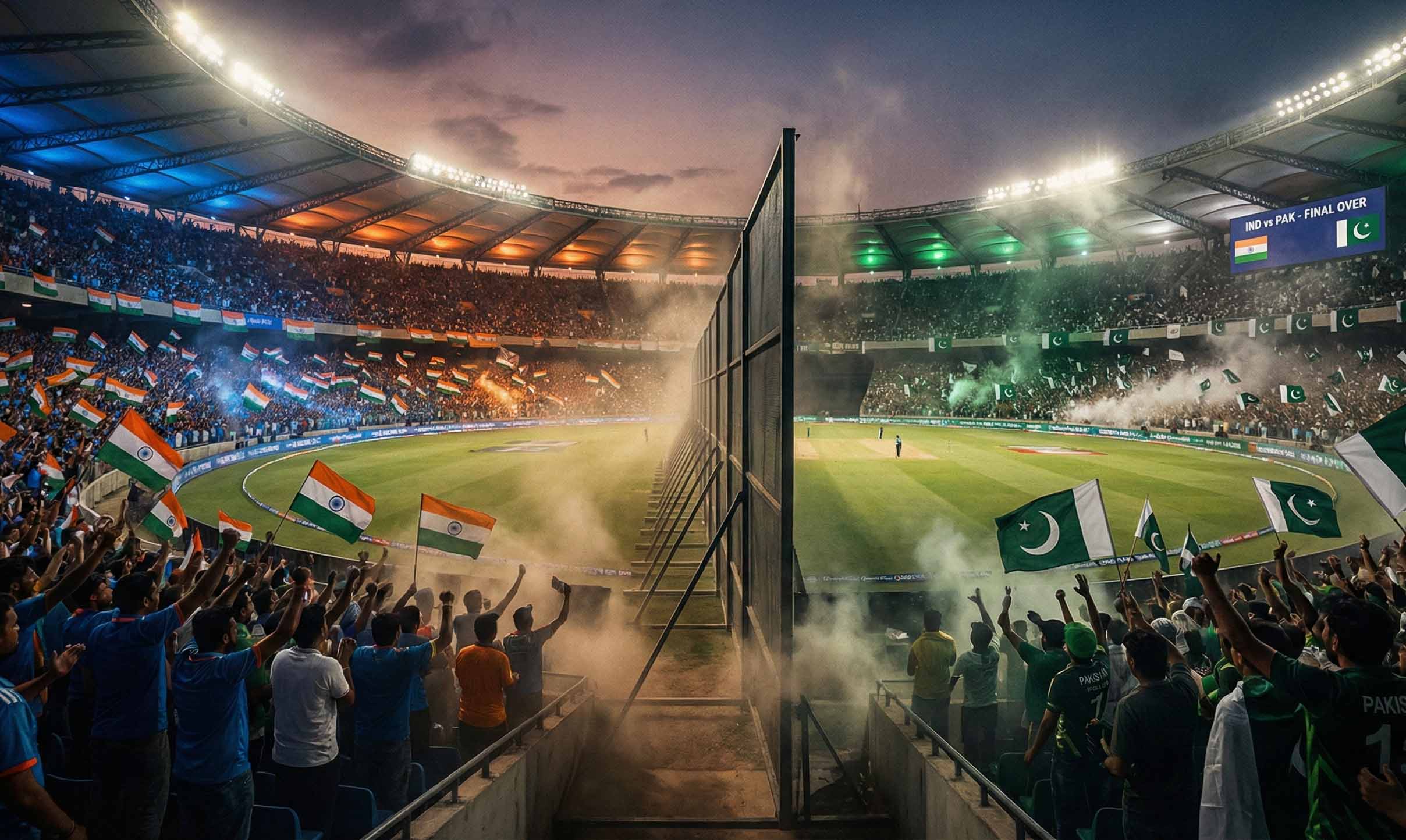 Cricket stadium split crowd showing Indian and Pakistani flags under floodlights creating tension