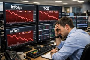 Red falling charts of Infosys TCS eClerx representing IT sector crash