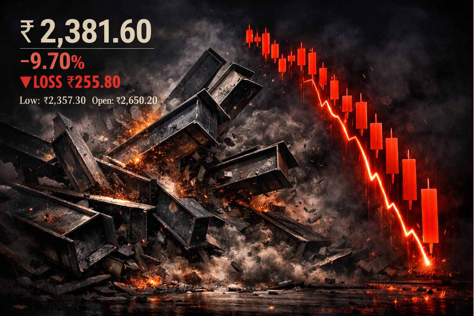 Metal beams falling with stock at ₹2,381.60 down 9.70%.