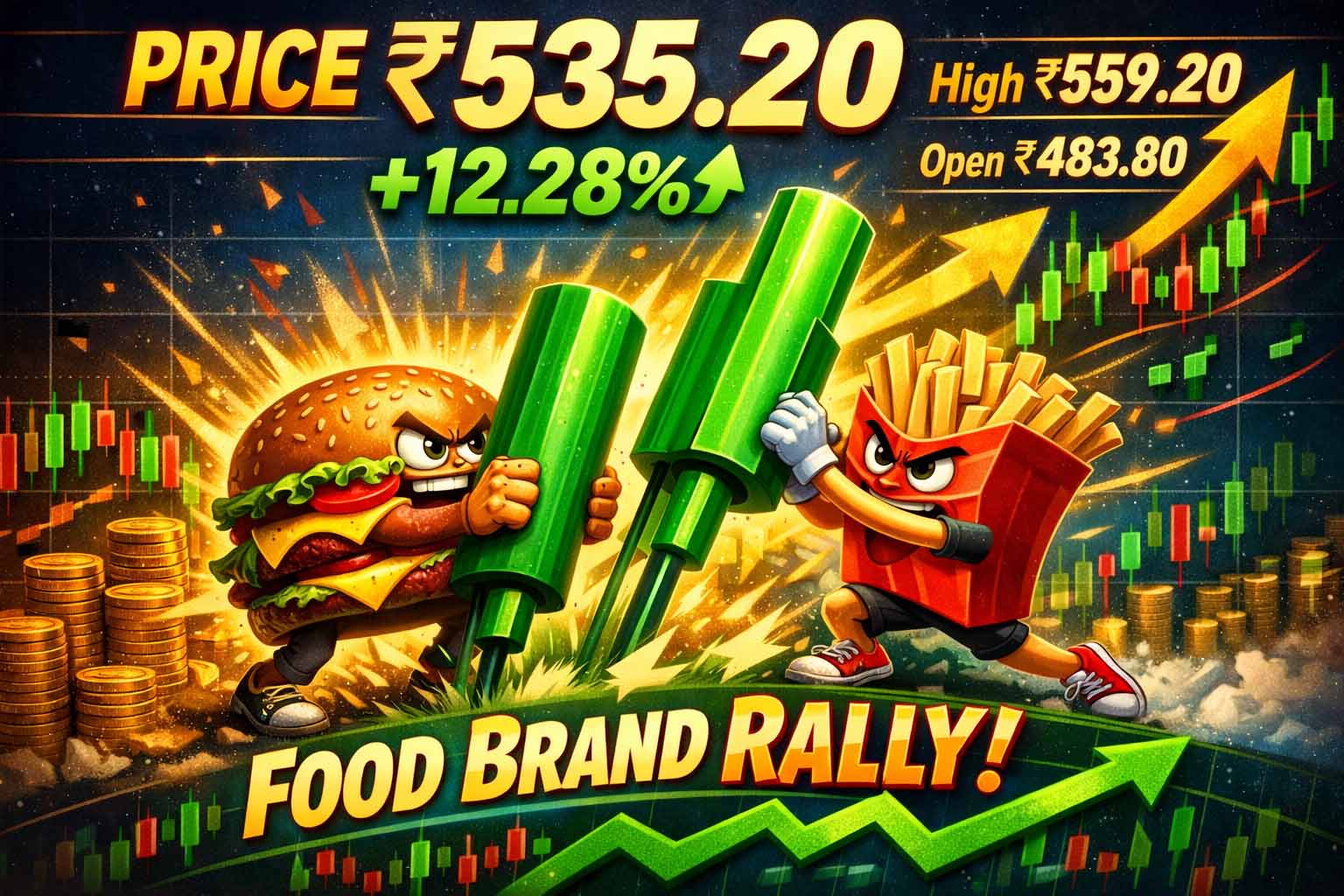 McDonald’s burger visual with stock price ₹535.20 rising 12.28%.