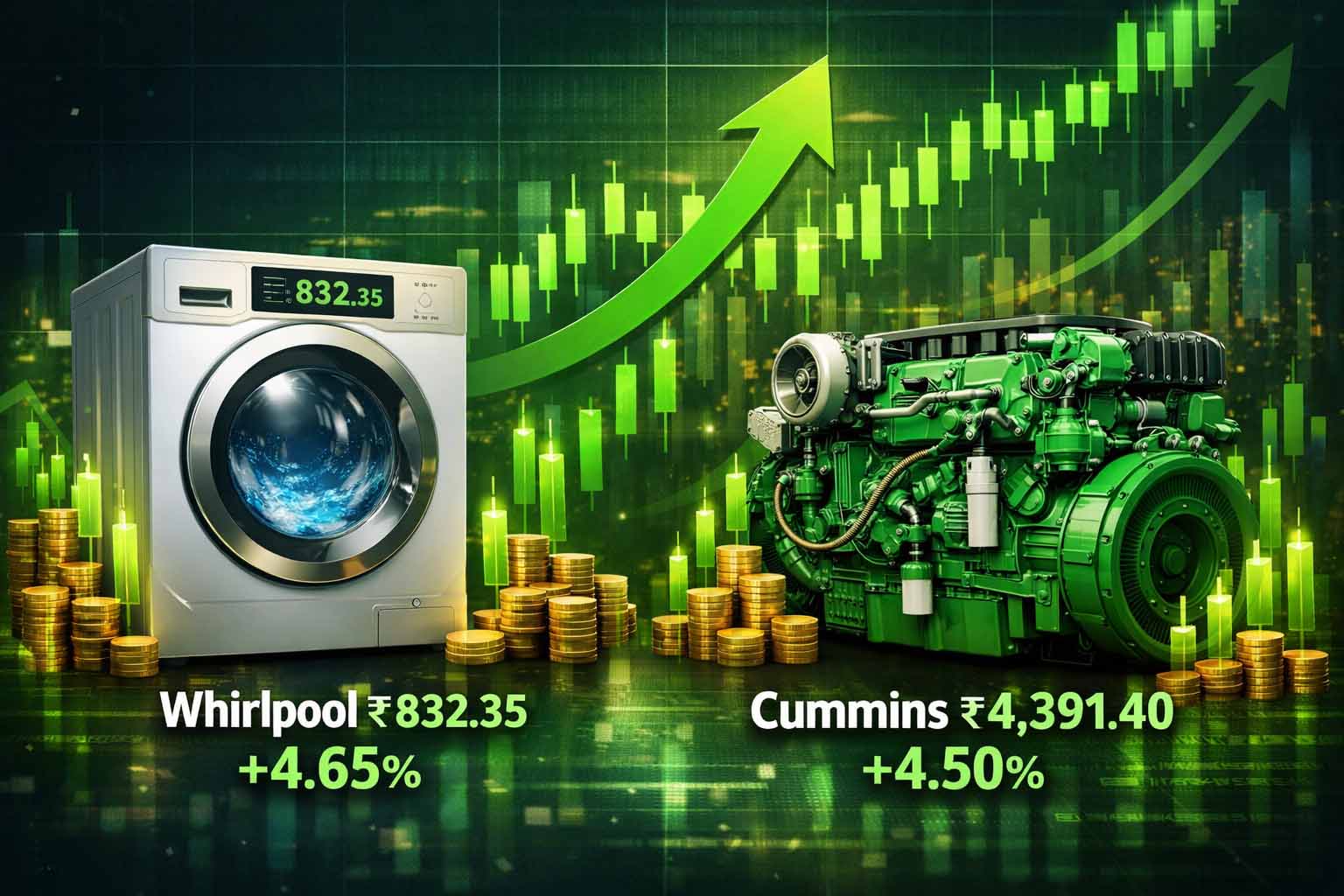 Washing machine and engine visuals with both stocks rising.